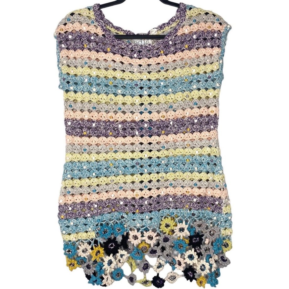 Anthropologie Edie Open Crochet Top Embellished Flower Sleeveless Sweater Knit M
